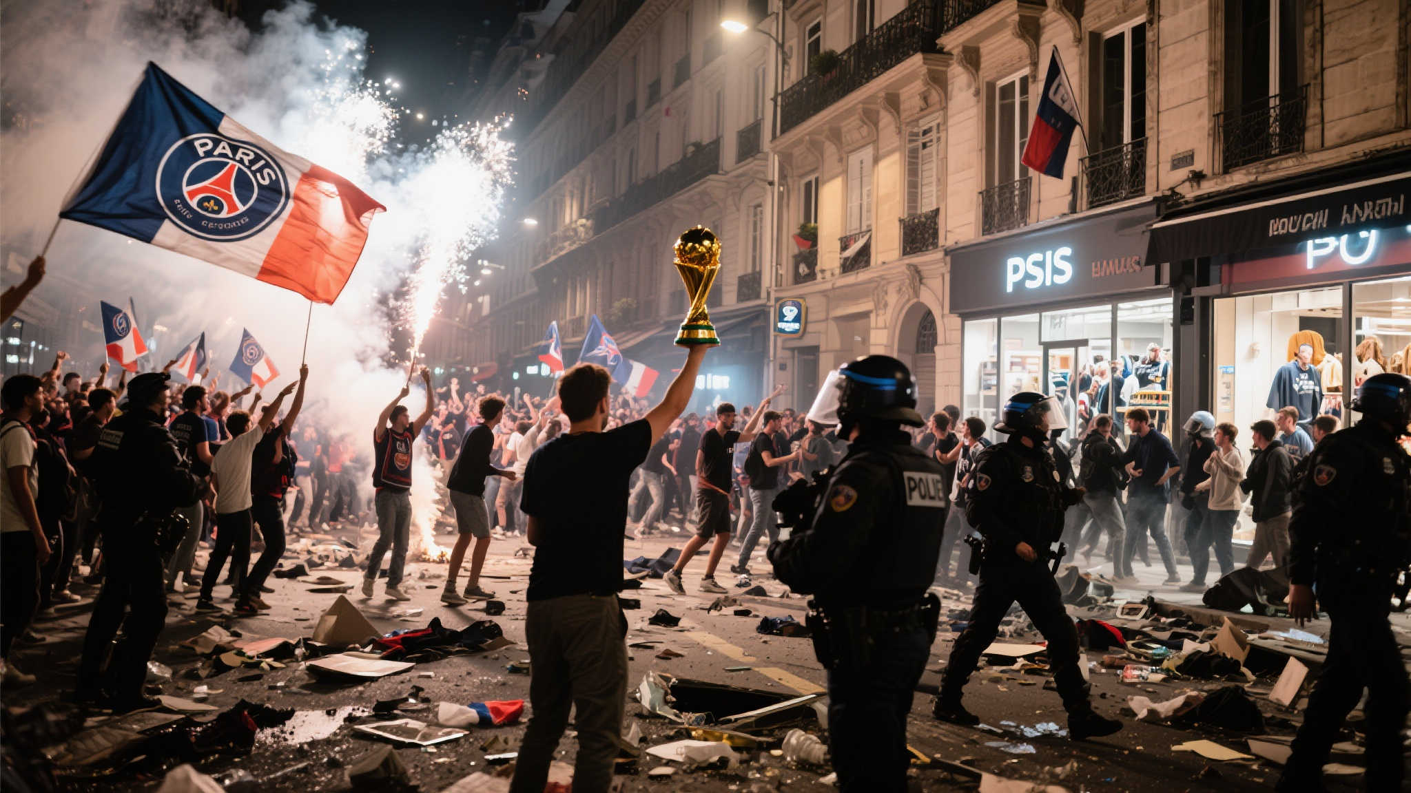 在PSG最终加冕欧洲之巅后，无数球迷涌上街头，挥舞